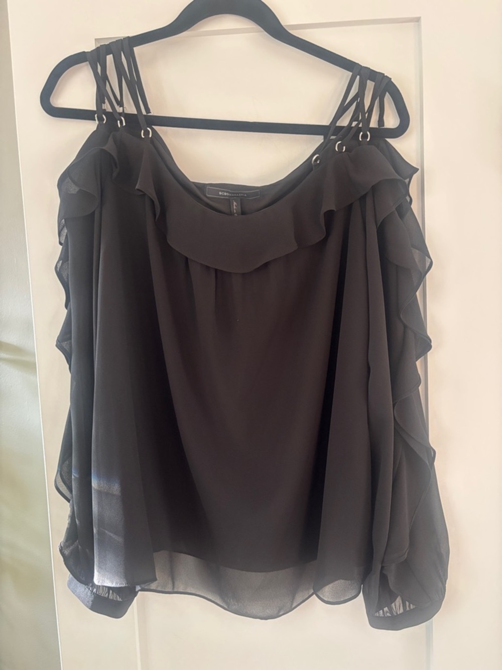 BCBGMaxAzria Black Ruffled Cold-Shoulder Blouse